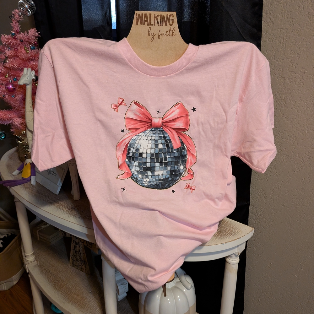 Gildan Pink Short Sleeve Tee with Disco Ball Design